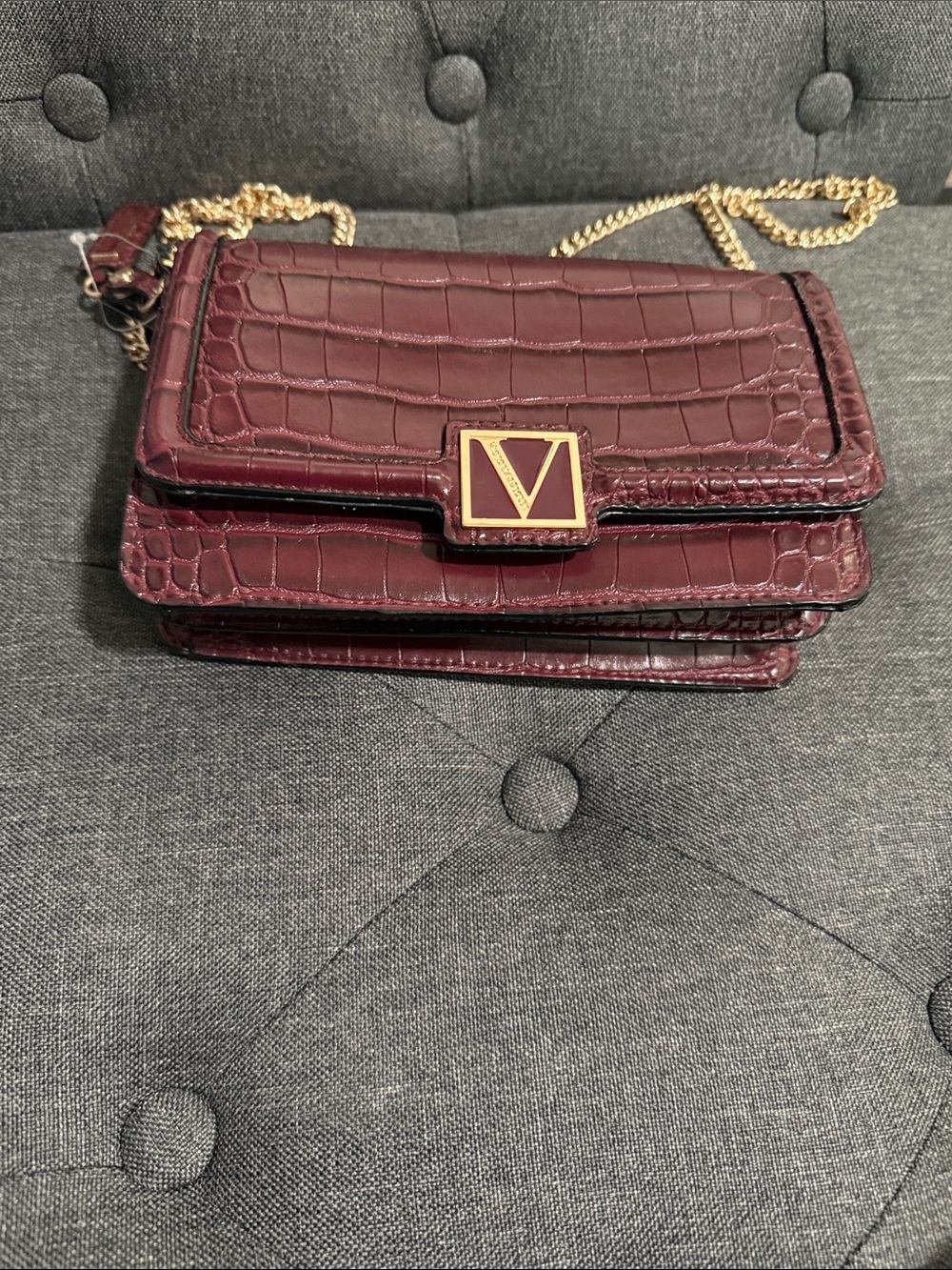 Victoria's Secret Croc-Embossed Chain Crossbody Bag - Burgundy & Gold .
